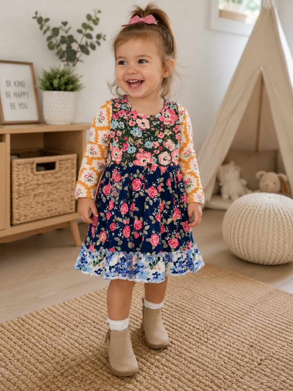 Sweet Honey Multi-Color Floral Long-Sleeve Dress 2T
